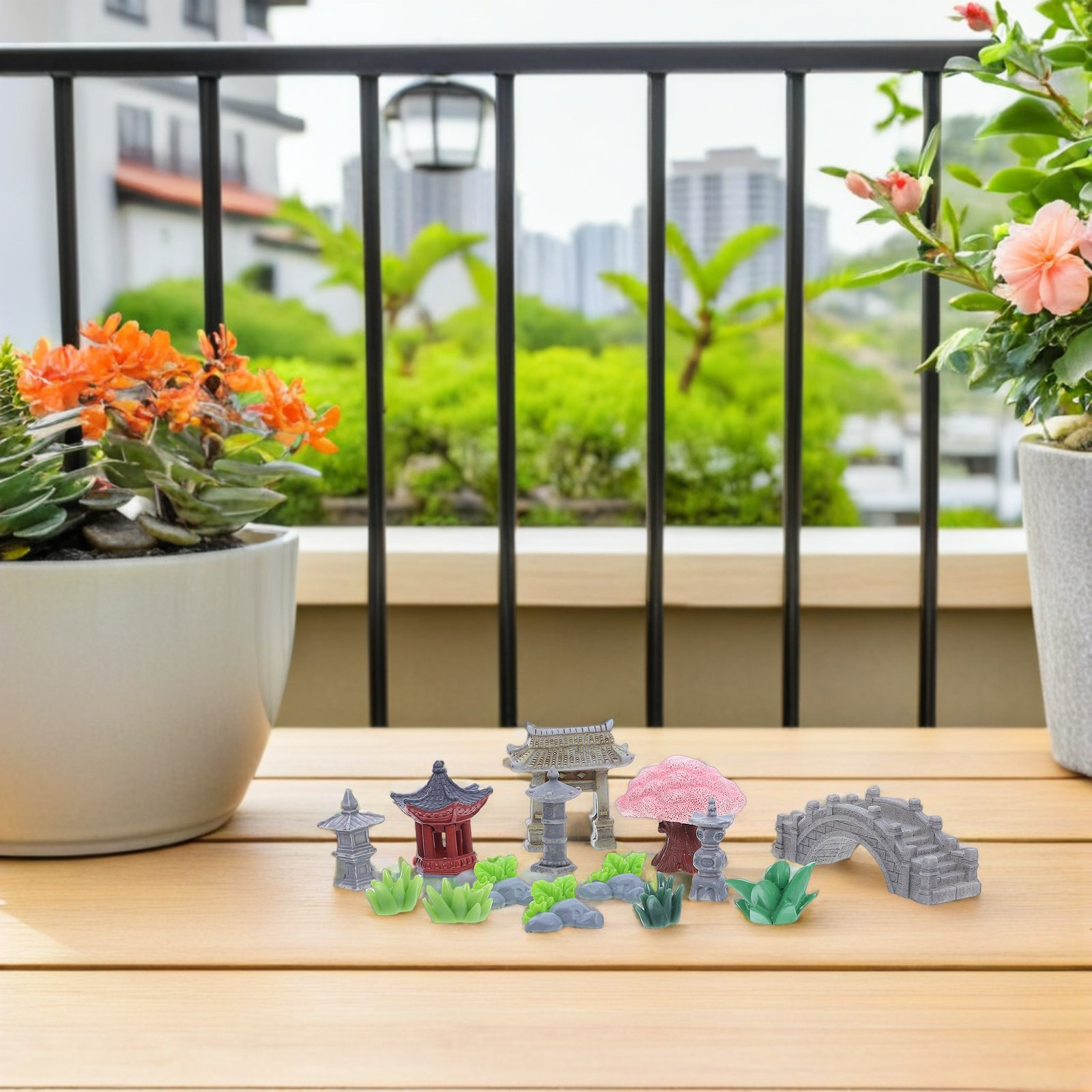 Bonsai Garden For Desk - 1セット レジン製ミニチュア風景装飾 リアルな石橋パビリオン 盆栽庭園 水槽 室内デスク装飾